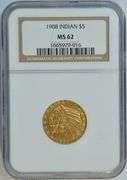 Choice BU better date 1908 $5 Indian Gold Piece. NGC MS62
