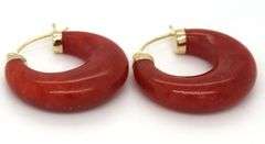 14kt Yellow gold red Jade hoop earrings