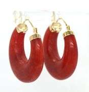 14kt Yellow gold red Jade hoop earrings