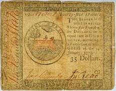 Jan 14  1779 Continental Currency $35 Note.