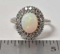 Wonderful 10K White Gold Opal Gemstone and Diamond Ring