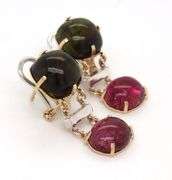14kt Yellow gold Green and pink tourmaline cab earrings