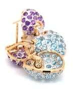 14kt Yellow gold blue topaz and amethyst heart dangle earrings