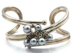 925 Sterling Silver Michael Dawkins Pearl & Blue Topaz Cuff Bracelet