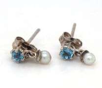 14kt White gold Pearl and blue topaz dangle earrings