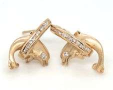 14kt Yellow gold diamond dolphin Jumping hoop earrings