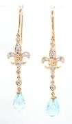 14kt Yellow gold blue topaz and diamond Fluer De Lis dangle earrings
