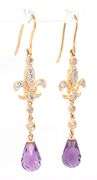 14kt Yellow gold amethyst and diamond Fluer De Lis dangle earrings