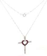 14kt White gold ruby and diamond heart cross pendant on chain