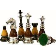Brass and Wood Hand-Carved Chess Pieces Set