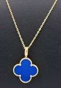 18KT Large Clover In Blue Agate With Long Chain Necklace