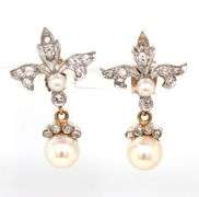 14kt Yellow gold Fleur De Lis diamond and pearls dangle earrings