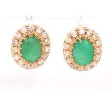 14kt Yellow gold oval emerald and diamond halo earrings