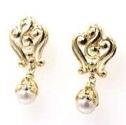 14kt Yellow gold 7-7.5mm Pearl drop swirl dangle earrings