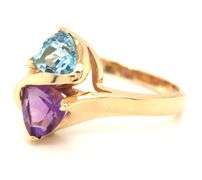 14kt Yellow gold trillion amethyst and blue topaz cross over ring