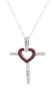 14kt White gold ruby and diamond heart cross pendant on chain