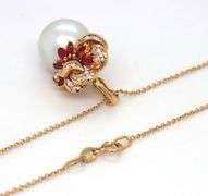 18kt Yellow gold 12.5mm South Sea pearl, ruby and diamond enhancer pendant on chain