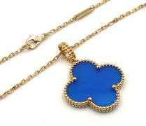 18KT Large Clover In Blue Agate With Long Chain Necklace