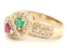 14kt Yellow gold ruby, emerald and diamond bypass ring