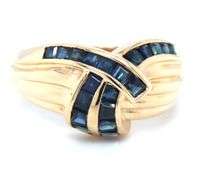 14kt Yellow gold blue sapphire channel set square cut crossover dome ring