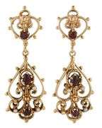 Oval and Round Garnet Seed Pearl Art Deco Heart Style Earrings in 14K
