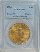 Super Gem BU 1924 St. Gaudens $20 Gold Piece. NGC MS65