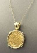 22kt Yellow gold Venetian gold coin in frame on gold chain necklace