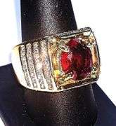 Impressive Mens 14 Kt Yellow Gold Plated 4.5 Ct Lab Simulated Ruby Diamond Ring