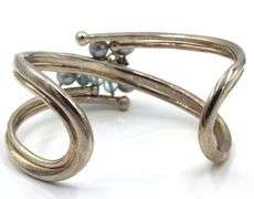 925 Sterling Silver Michael Dawkins Pearl & Blue Topaz Cuff Bracelet