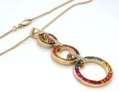 14kt Yellow gold Chameleon multi gemstone and diamond triple circle exchangeable drop pendant on cha
