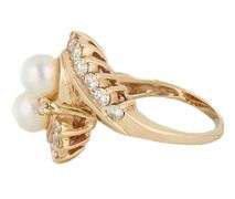 6.0MM Double Pearl and Diamond Crossover Ring in 14K