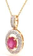 14kt Yellow gold 1.20ct oval ruby and diamond halo pendant on chain