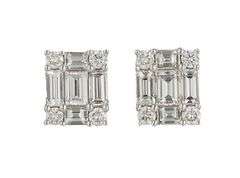 New 0.94ctw Round and Baguette Diamond Mosaic Rectangle Stud Earrings in 14K