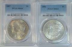 2 Satiny-fresh nearly Gem BU 1887 & 1896 Morgans. PCGS MS64
