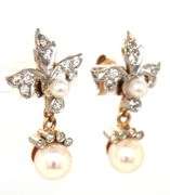 14kt Yellow gold Fleur De Lis diamond and pearls dangle earrings