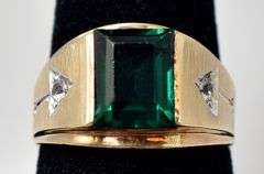 Handsome 10K Yellow Gold Emerald and Diamond Men's Ring