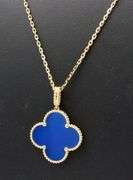 18KT Large Clover In Blue Agate With Long Chain Necklace