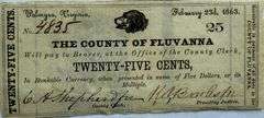 25 Cent County of Fluvanna Palmyra Va Feb 23 1863 Note.