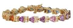 11.0ctw Trillion Cut Multi Color Sapphire and 1.20ctw Diamond Tennis Bracelet in 14K