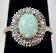Wonderful 10K White Gold Opal Gemstone and Diamond Ring