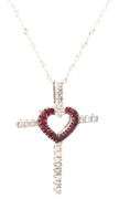 14kt White gold ruby and diamond heart cross pendant on chain