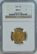 Original BU 1907 US $5 Liberty Gold Piece. NGC MS61