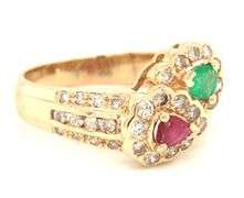 14kt Yellow gold ruby, emerald and diamond bypass ring