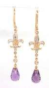 14kt Yellow gold amethyst and diamond Fluer De Lis dangle earrings