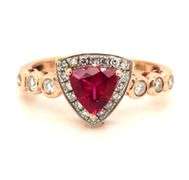 14kt Yellow gold Trillion tourmaline and diamond halo and bezel set shank ring