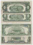 2 $2 Red Seals, $5 Blue Seal, and $5 Red Seal STAR Notes. All crisp