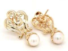 14kt Yellow gold 7-7.5mm Pearl drop swirl dangle earrings