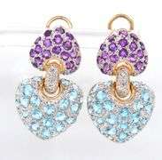 14kt Yellow gold blue topaz and amethyst heart dangle earrings