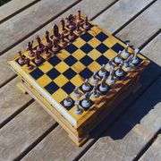 Wooden Chess Set with Storage Box Copper Metal Pieces