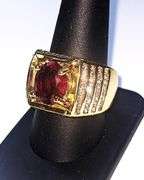 Impressive Mens 14 Kt Yellow Gold Plated 4.5 Ct Lab Simulated Ruby Diamond Ring